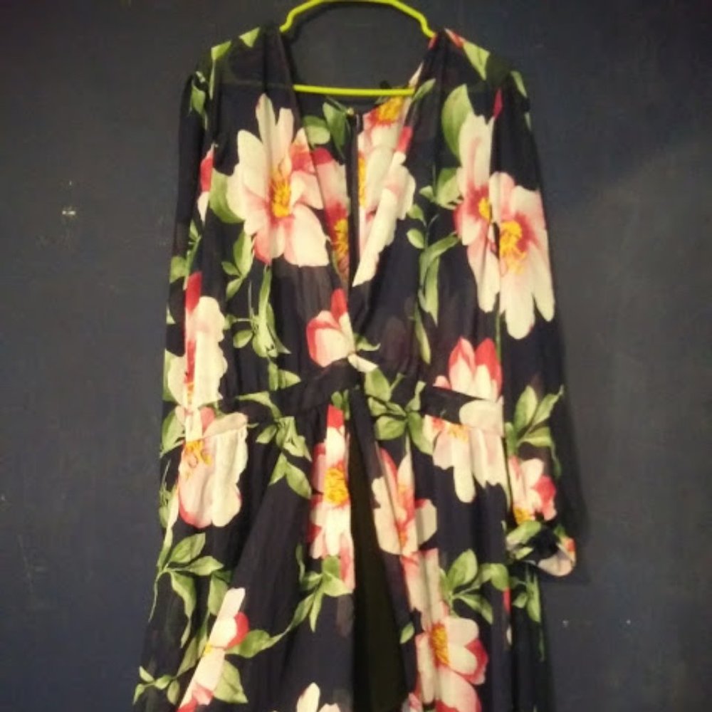 Navy Sheer Floral V-neck Dress